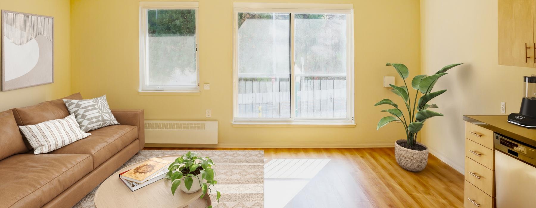 a living room with a couch and a table