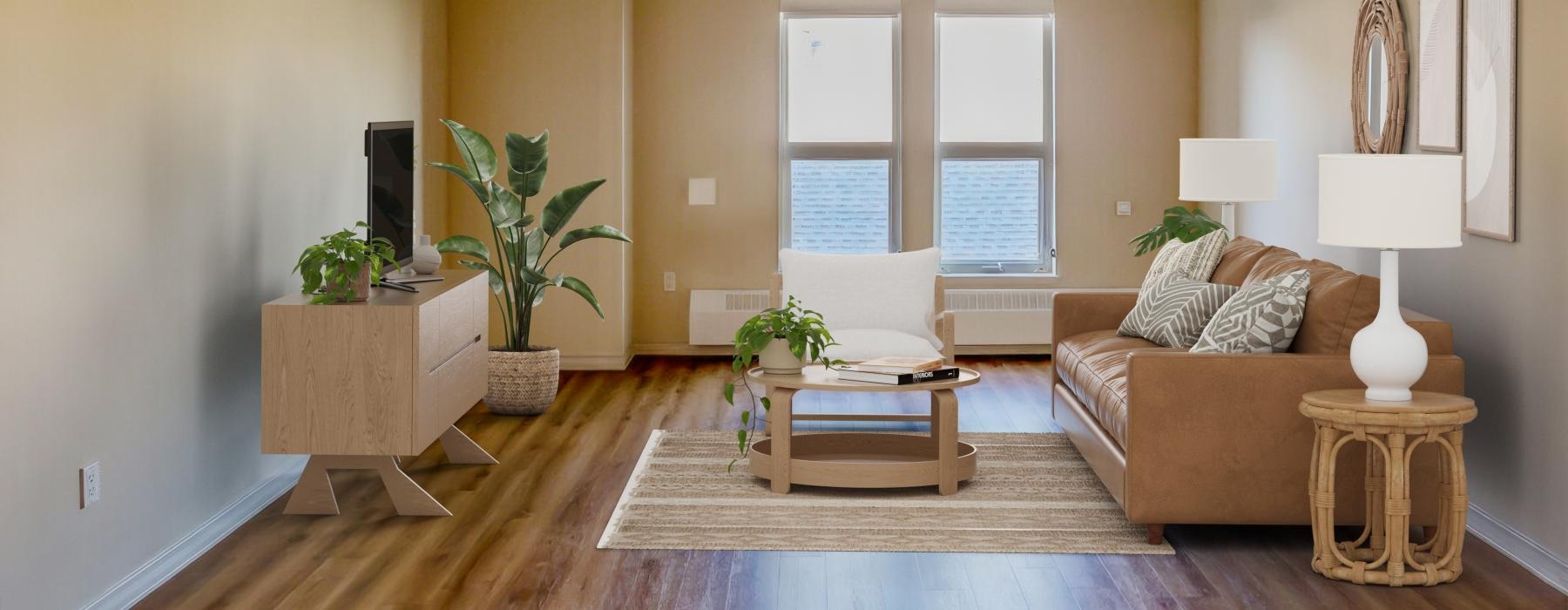 a living room with a wood floor